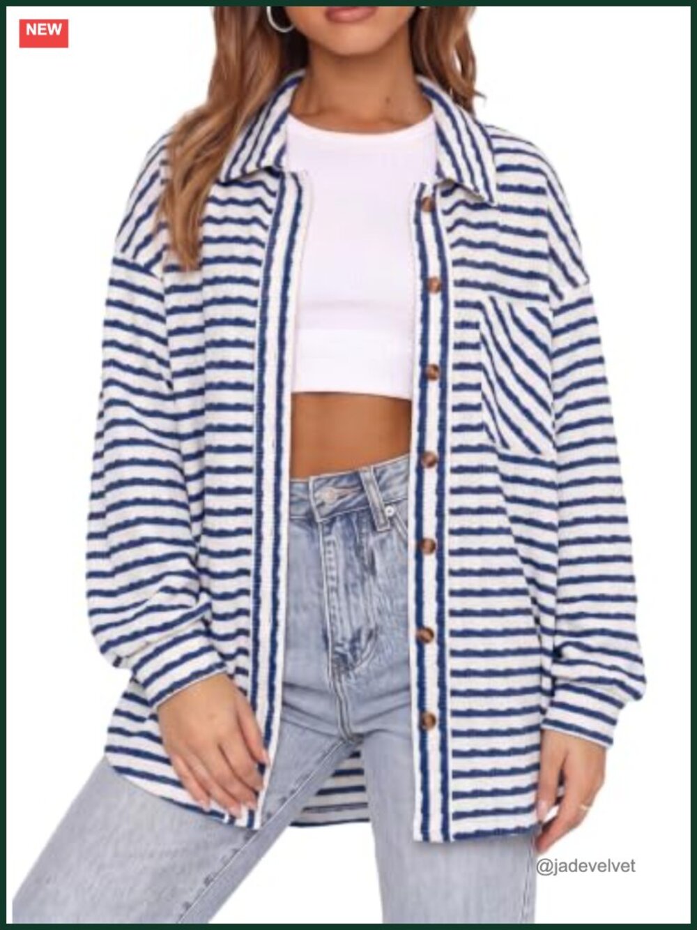 Women's Long Sleeve Striped Casual Shacket Jacket, Lightweight Button Up